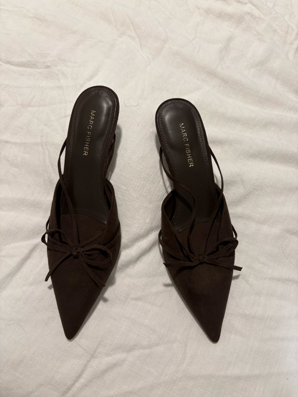 Marc Fisher Brown Suede Pointed-Toe Bow Kitten Heel Mule - Picture 2 of 3